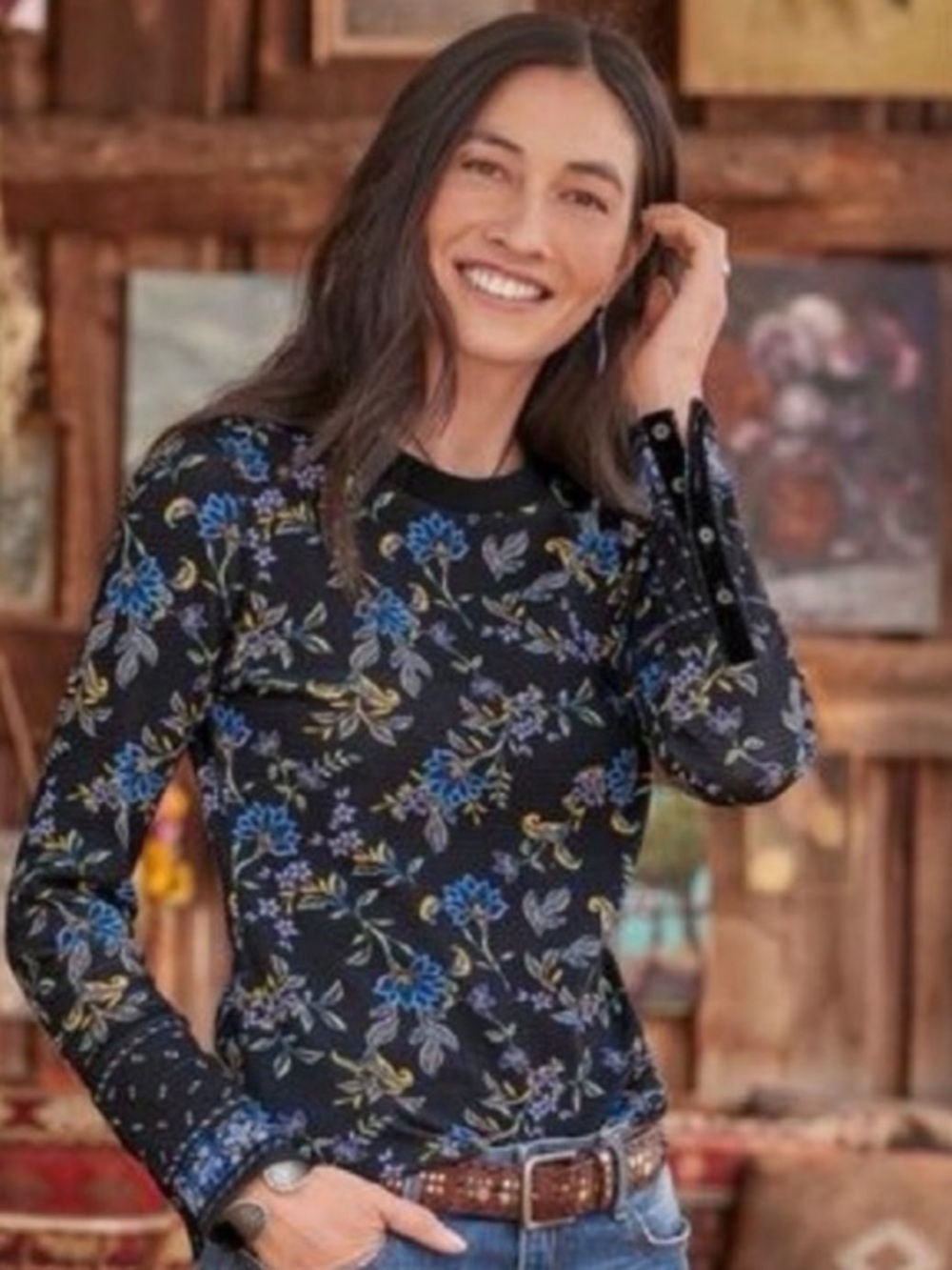 Sundance Black Long-Sleeve Floral Waffle Knit Top with Velvet Trim and Buttons - Picture 2 of 7